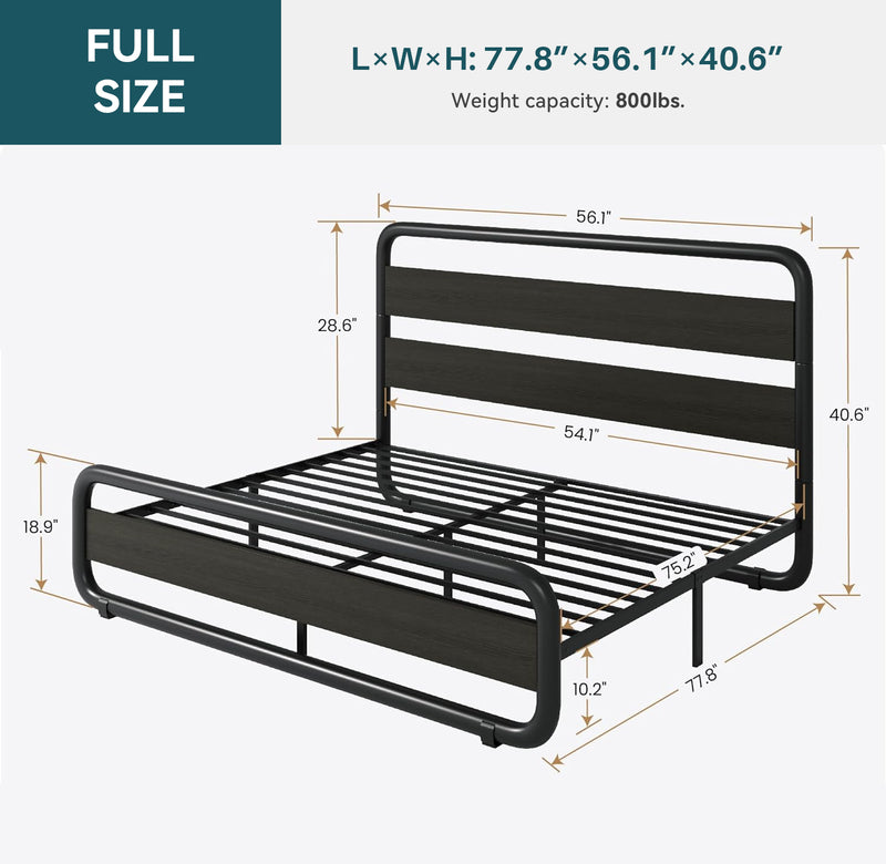 Metal Bed Frame with Wooden Headboard and Footboard, Heavy Duty Oval Platform Bed Frame with 10 Inches of Underbed Storage, No Springs Required