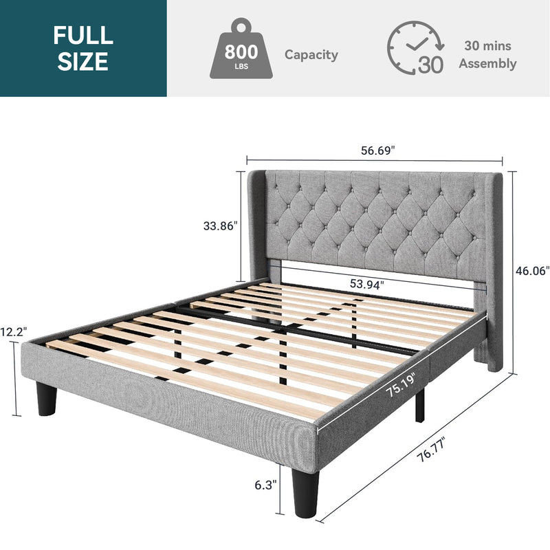 Upholstered Platform Bed with Button Tufted Wingback Headboard, Wooden Slats Support, No Box Spring Needed, Noise Free