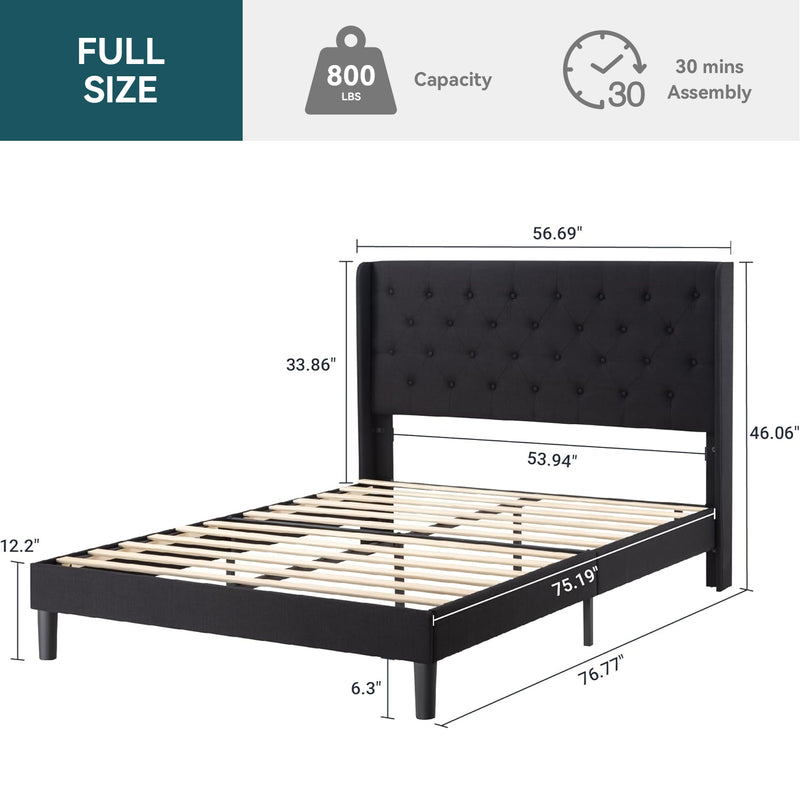 Upholstered Platform Bed with Button Tufted Wingback Headboard, Wooden Slats Support, No Box Spring Needed, Noise Free