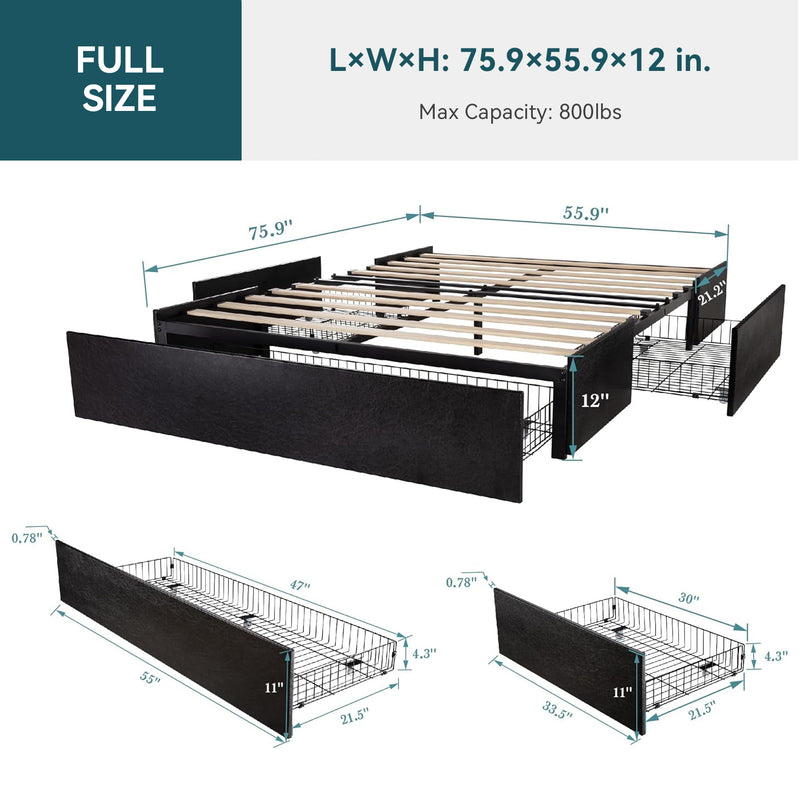 Faux Leather Upholstered Platform Bed Frame with 3 Storage Drawers, Headboard Compatible, No Box Spring Required, Black