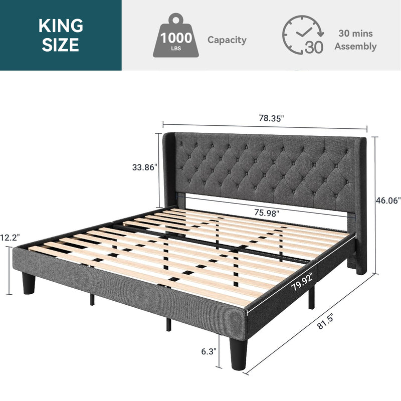 Upholstered Platform Bed with Button Tufted Wingback Headboard, Wooden Slats Support, No Box Spring Needed, Noise Free