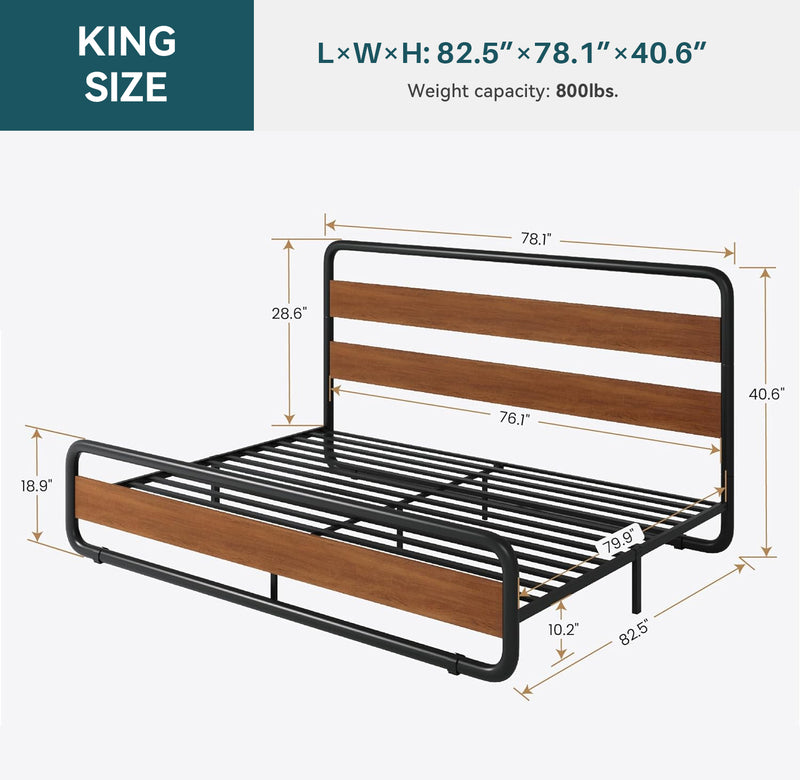 Metal Bed Frame with Wooden Headboard and Footboard, Heavy Duty Oval Platform Bed Frame with 10 Inches of Underbed Storage, No Springs Required