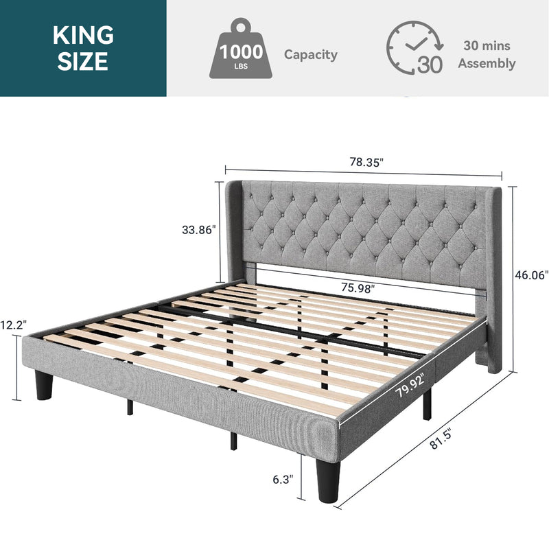 Upholstered Platform Bed with Button Tufted Wingback Headboard, Wooden Slats Support, No Box Spring Needed, Noise Free