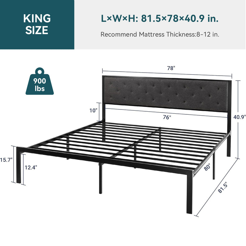 Upholstered Headboard Bed Frame, Chic Diamond Seam Tufting Design, No Springs Required, Dark Gray