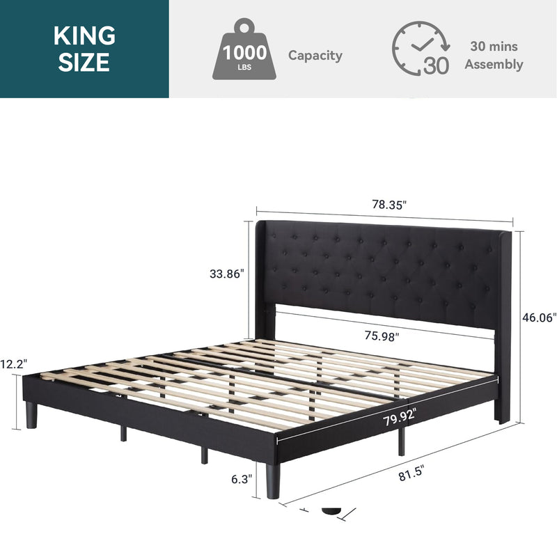 Upholstered Platform Bed with Button Tufted Wingback Headboard, Wooden Slats Support, No Box Spring Needed, Noise Free