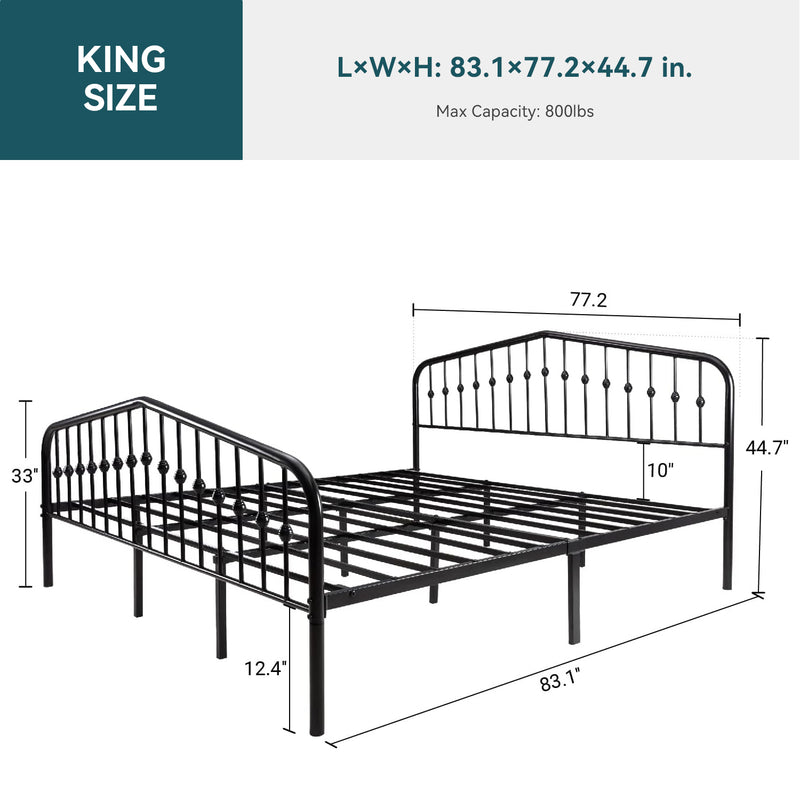 Vintage Metal Platform Bed Frame with Headboard and Footboard, No Springs Required, Black