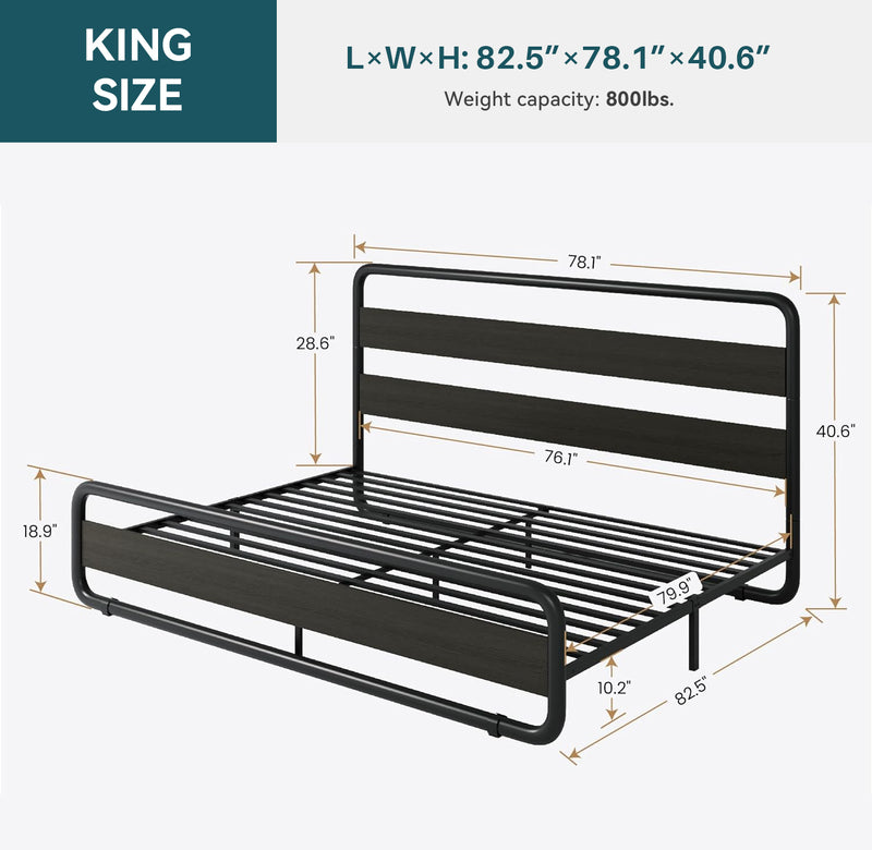 Metal Bed Frame with Wooden Headboard and Footboard, Heavy Duty Oval Platform Bed Frame with 10 Inches of Underbed Storage, No Springs Required