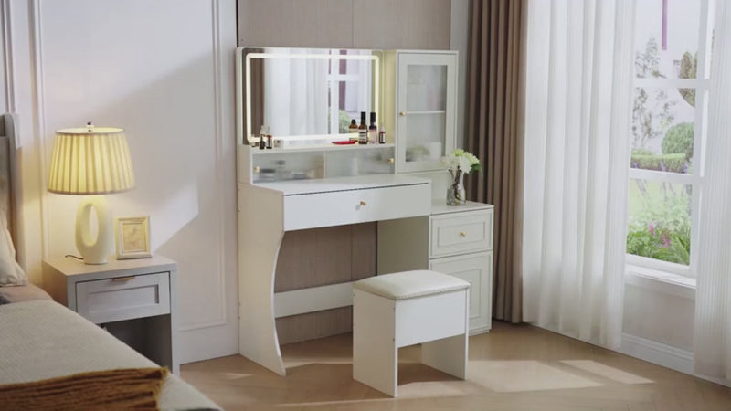 Vanity Table Set with LED Mirror, Drawers, Power Outlet, Storage Cabinet, Storage Stool