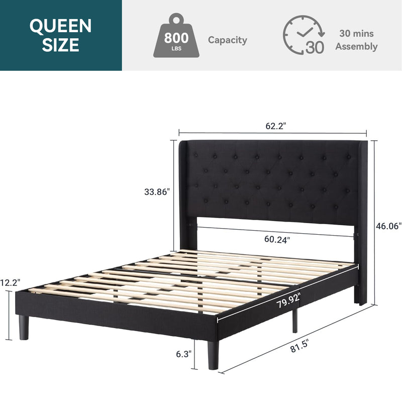 Upholstered Platform Bed with Button Tufted Wingback Headboard, Wooden Slats Support, No Box Spring Needed, Noise Free