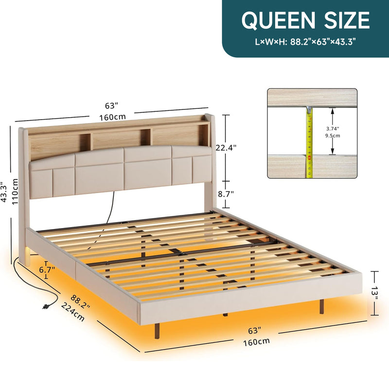 Floating Queen Bed Frame with Charging Station, Tall Bookcase Headboard, No Box Spring Needed