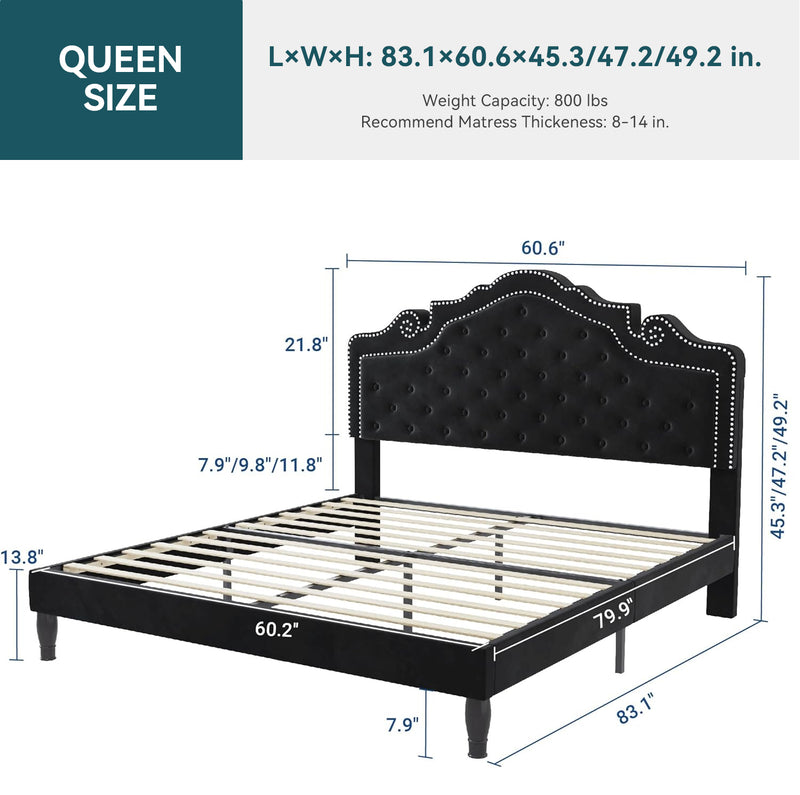 Upholstered Button Tufted Platform Bed with Adjustable Velvet Tiara Headboard No Springs Required, Black