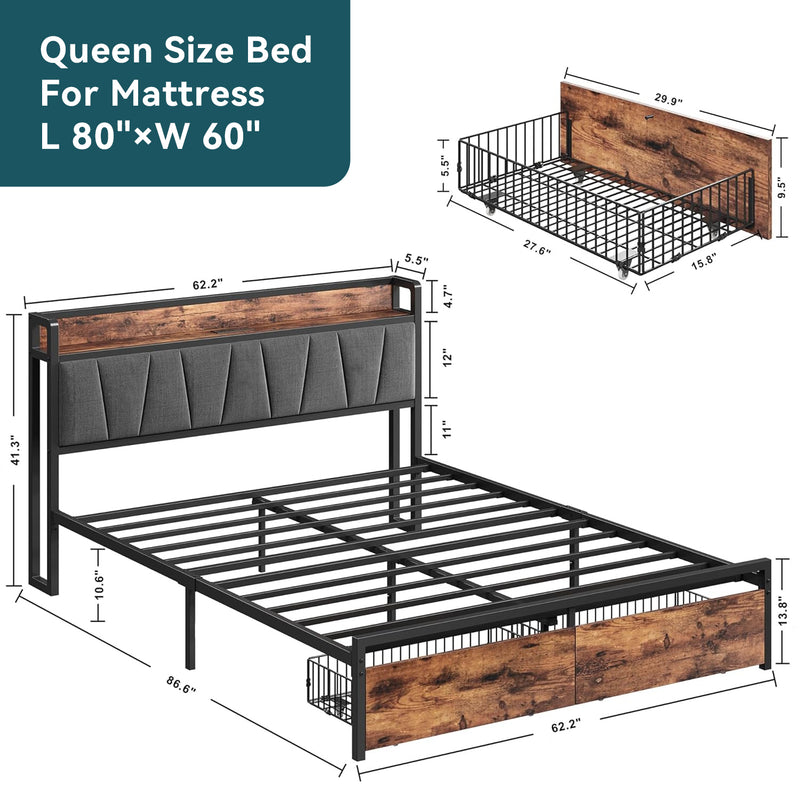 Platform Bed Frame with Storage Headboard, Charging Station and Drawers