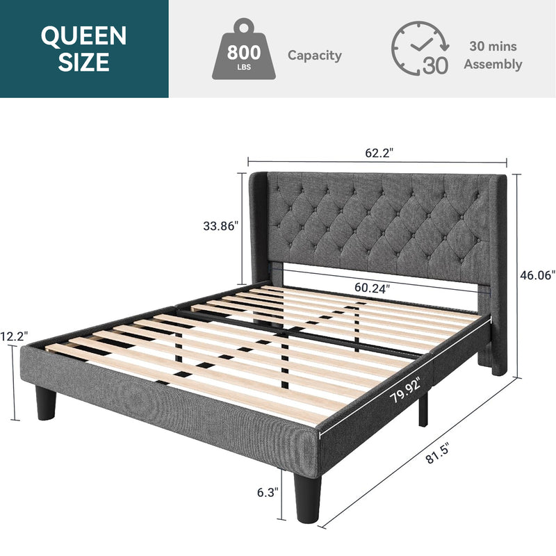 Upholstered Platform Bed with Button Tufted Wingback Headboard, Wooden Slats Support, No Box Spring Needed, Noise Free