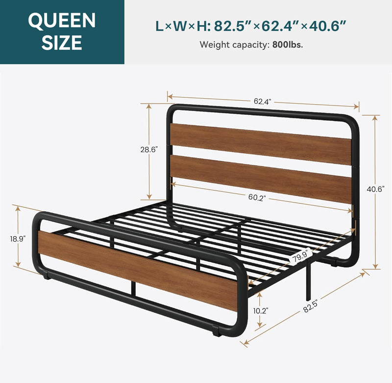 Metal Bed Frame with Wooden Headboard and Footboard, Heavy Duty Oval Platform Bed Frame with 10 Inches of Underbed Storage, No Springs Required