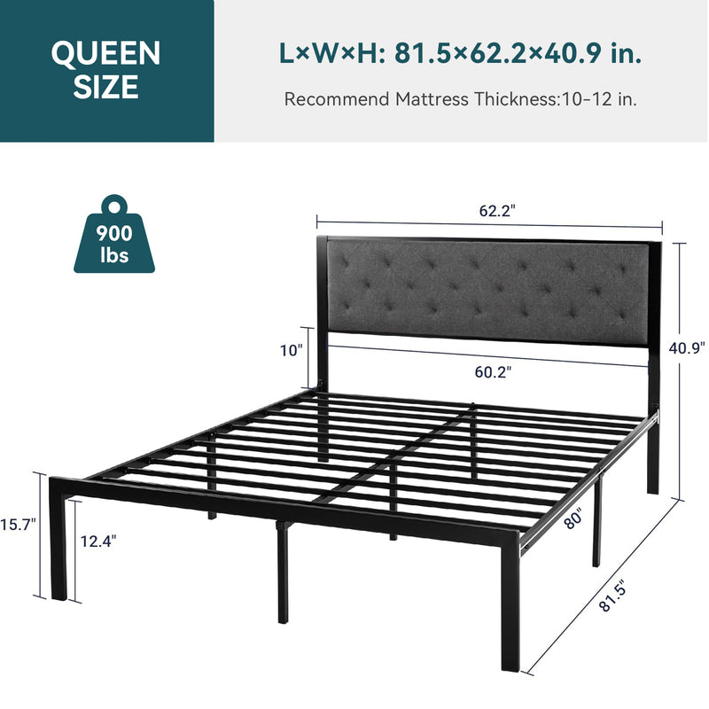 Upholstered Headboard Bed Frame, Chic Diamond Seam Tufting Design, No Springs Required, Dark Gray