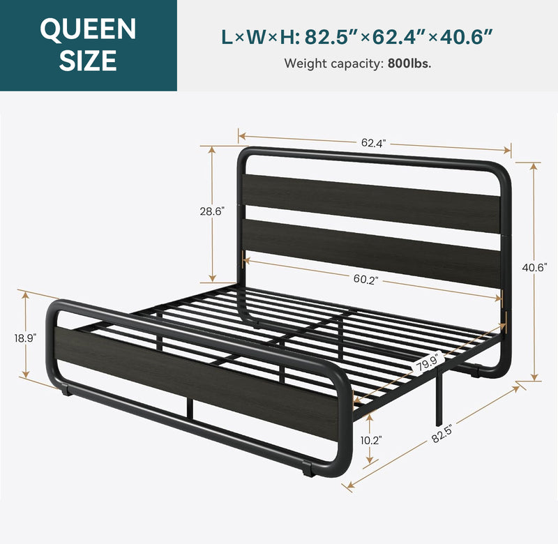 Metal Bed Frame with Wooden Headboard and Footboard, Heavy Duty Oval Platform Bed Frame with 10 Inches of Underbed Storage, No Springs Required