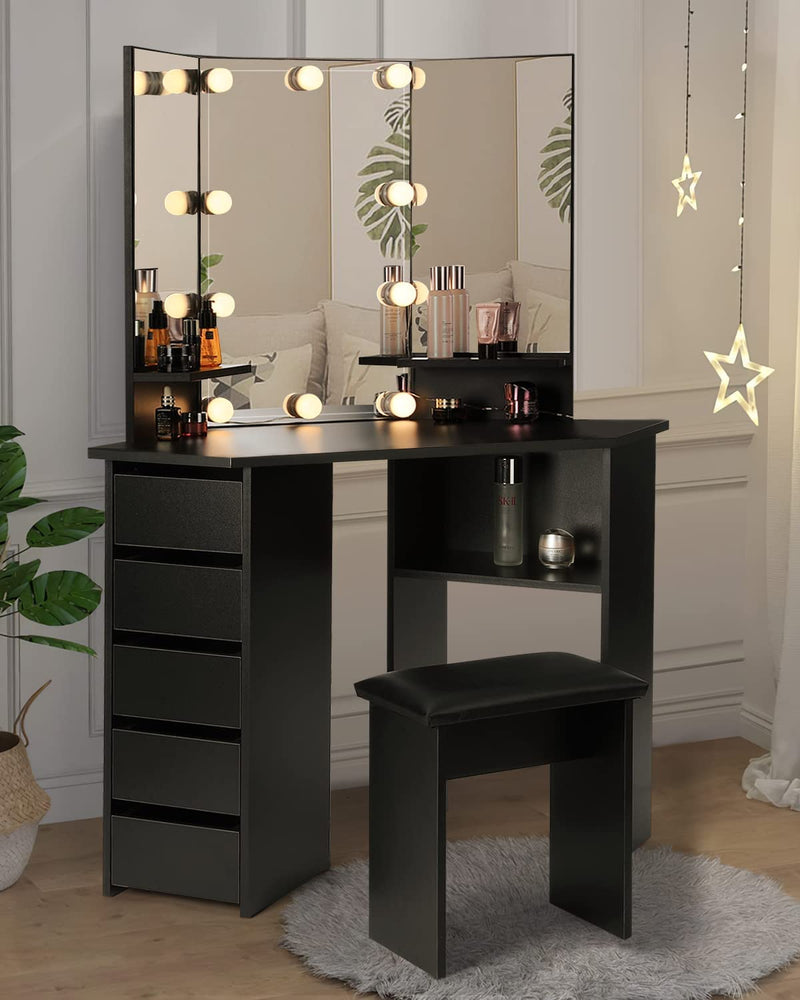 Vanity Desk with Lighting Mirror with 5 Sliding Drawers/Rotating Drawers, Vanity Stool, Shelves, light bulbs Brightness Adjustable