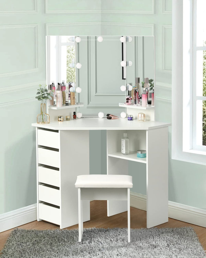 Vanity Desk with Lighting Mirror with 5 Sliding Drawers/Rotating Drawers, Vanity Stool, Shelves, light bulbs Brightness Adjustable